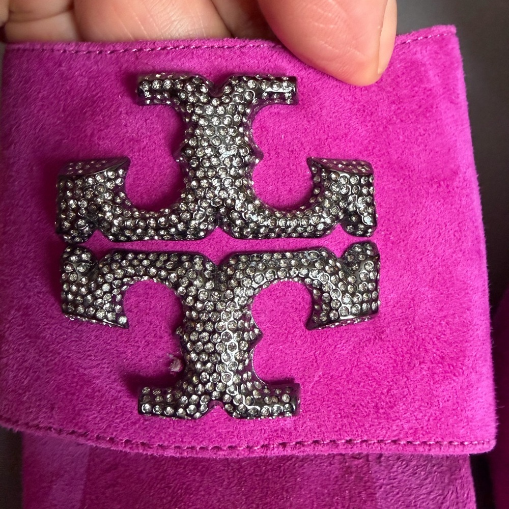 Tory Burch Fuchsia Suede Crystal-Embellished Slide Mules - Picture 3 of 8
